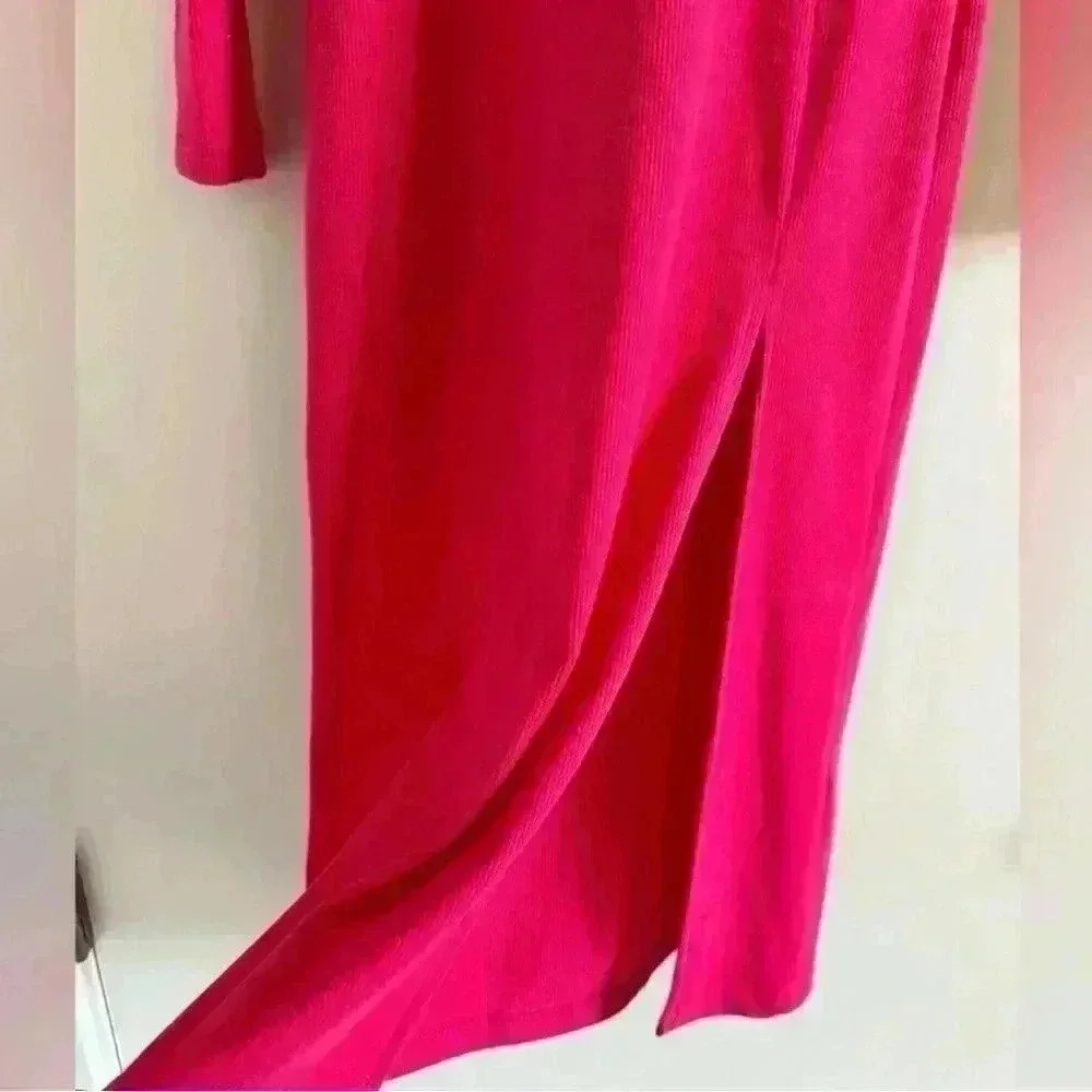Fuchsia Bodycon Midi Dress Long Sleeve Size S Bright Pink Chic - Picture 3 of 5